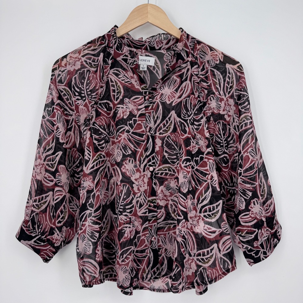 Evereve Sheer Floral Print Blouse Womens S Pink Black Tropical Ruffle Top Boho
